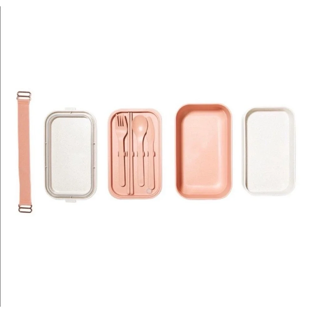 Our Place Layered Lunch Box w/Clips & Utensils Pink Rose Gold Bento Meal Prep